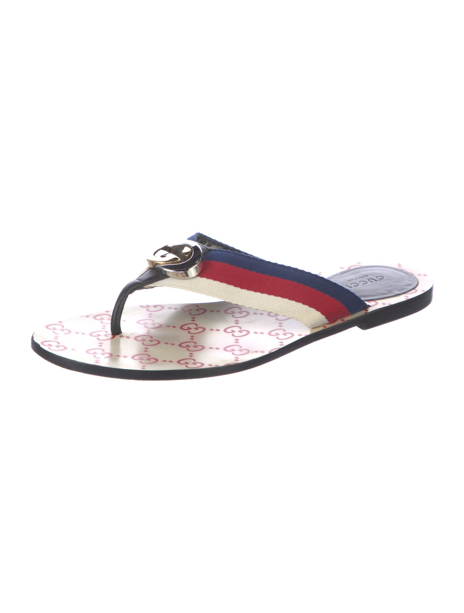 Gucci Web Accent Leather Trim Embellishment Flip Flops