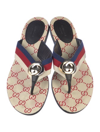 Gucci Web Accent Leather Trim Embellishment Flip Flops