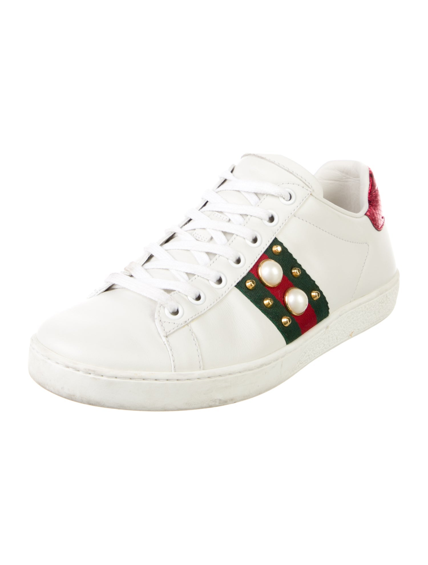 Gucci Faux Pearl Accents Leather Sneakers