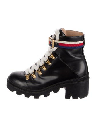 Gucci Sylvie Web Accent Leather Combat Boots