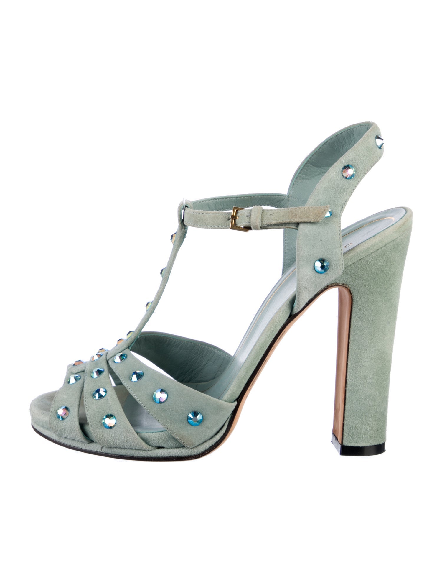 Gucci Suede Crystal Embellishments T-Strap Sandals