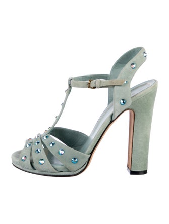 Gucci Suede Crystal Embellishments T-Strap Sandals
