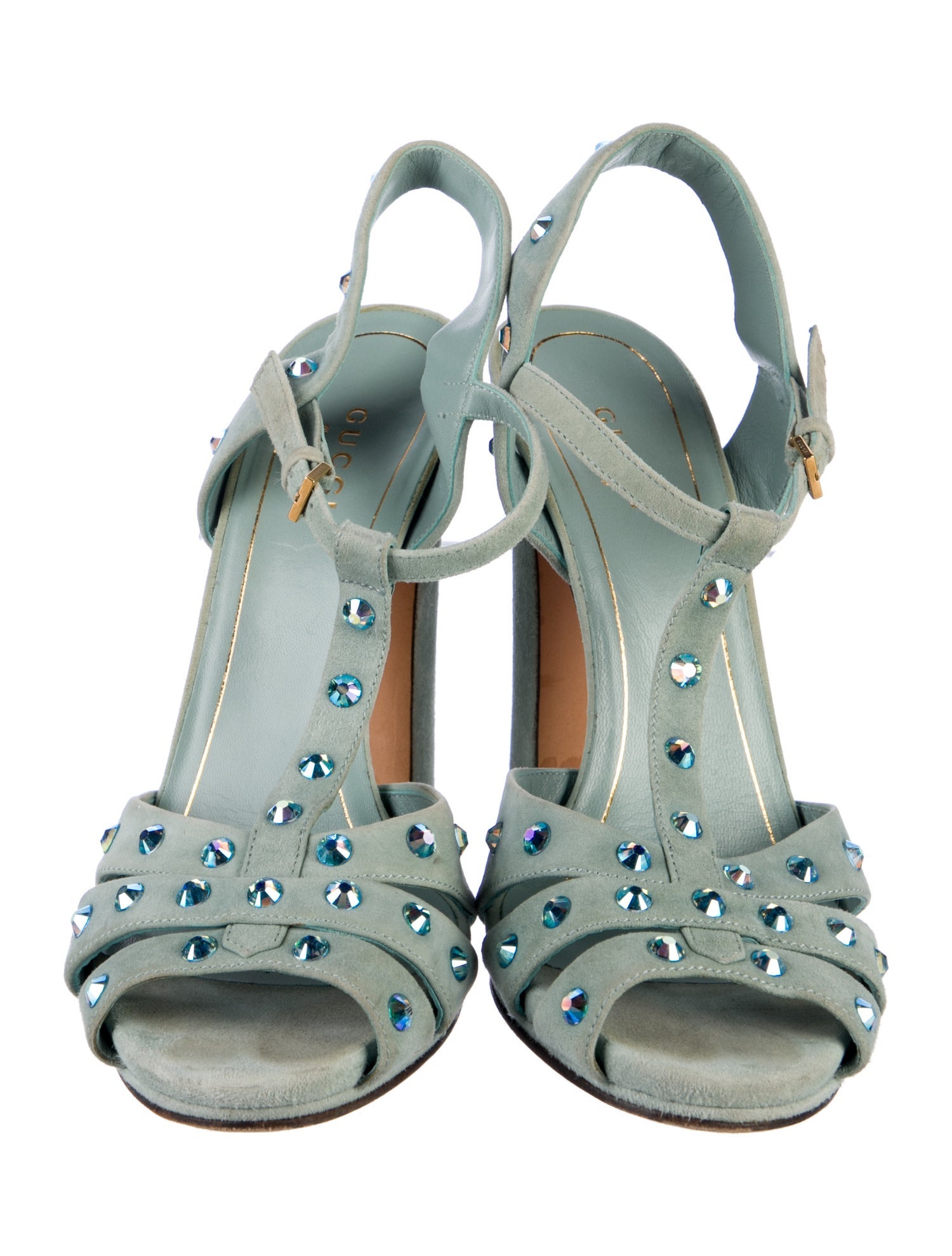 Gucci Suede Crystal Embellishments T-Strap Sandals