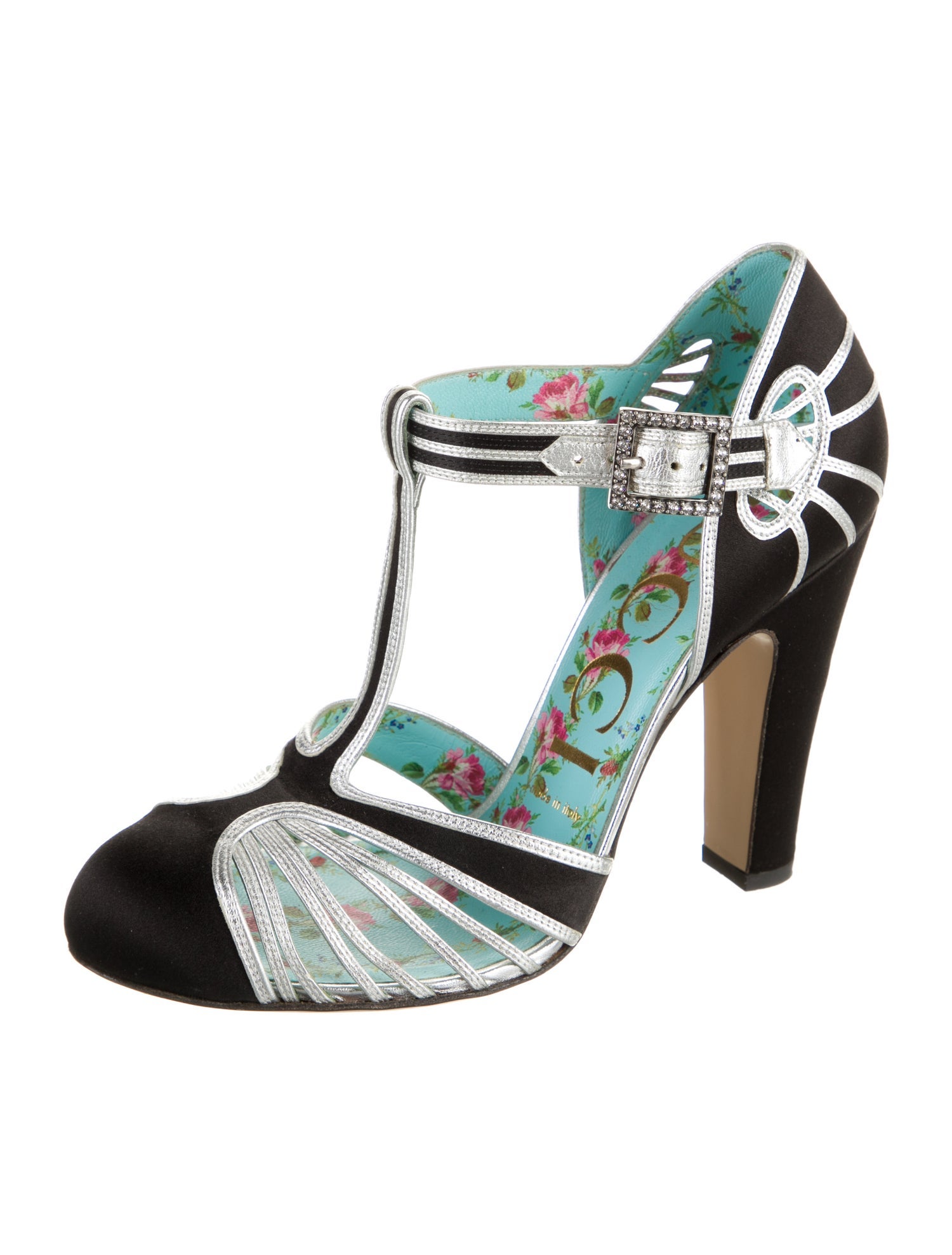 Gucci Satin Colorblock Pattern T-Strap Pumps