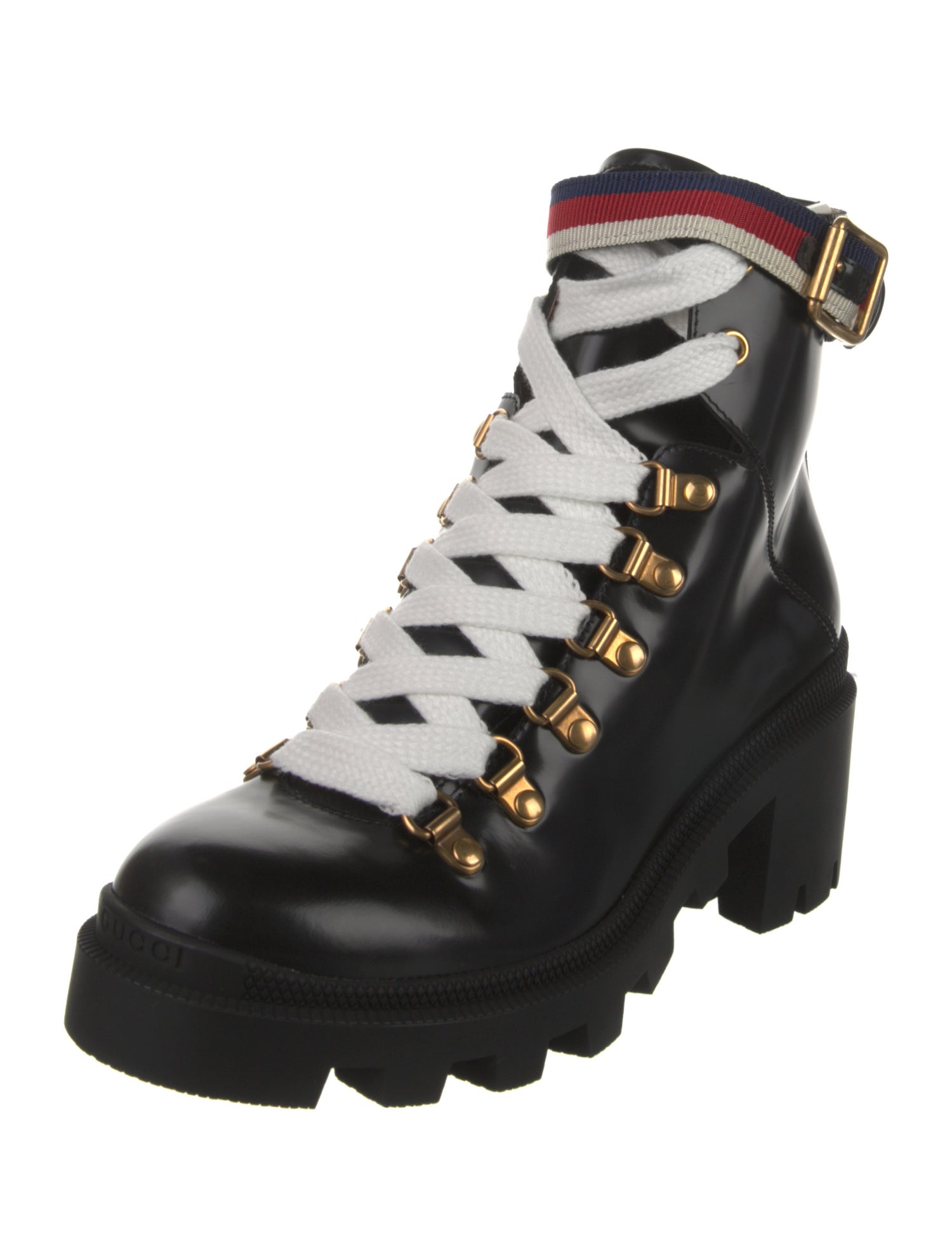 Gucci Sylvie Web Accent Leather Combat Boots