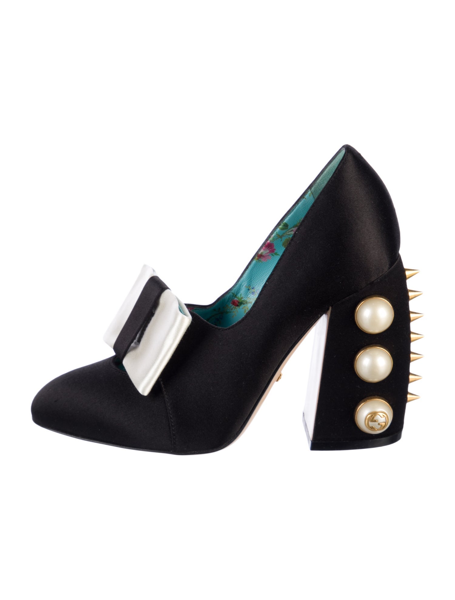 Gucci Faux Pearl Accents Satin Pumps