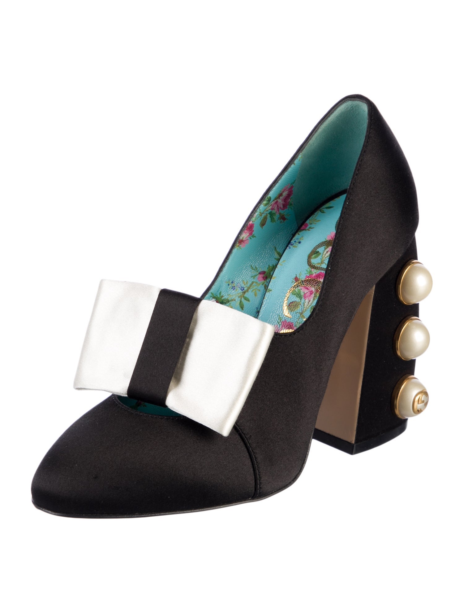 Gucci Faux Pearl Accents Satin Pumps