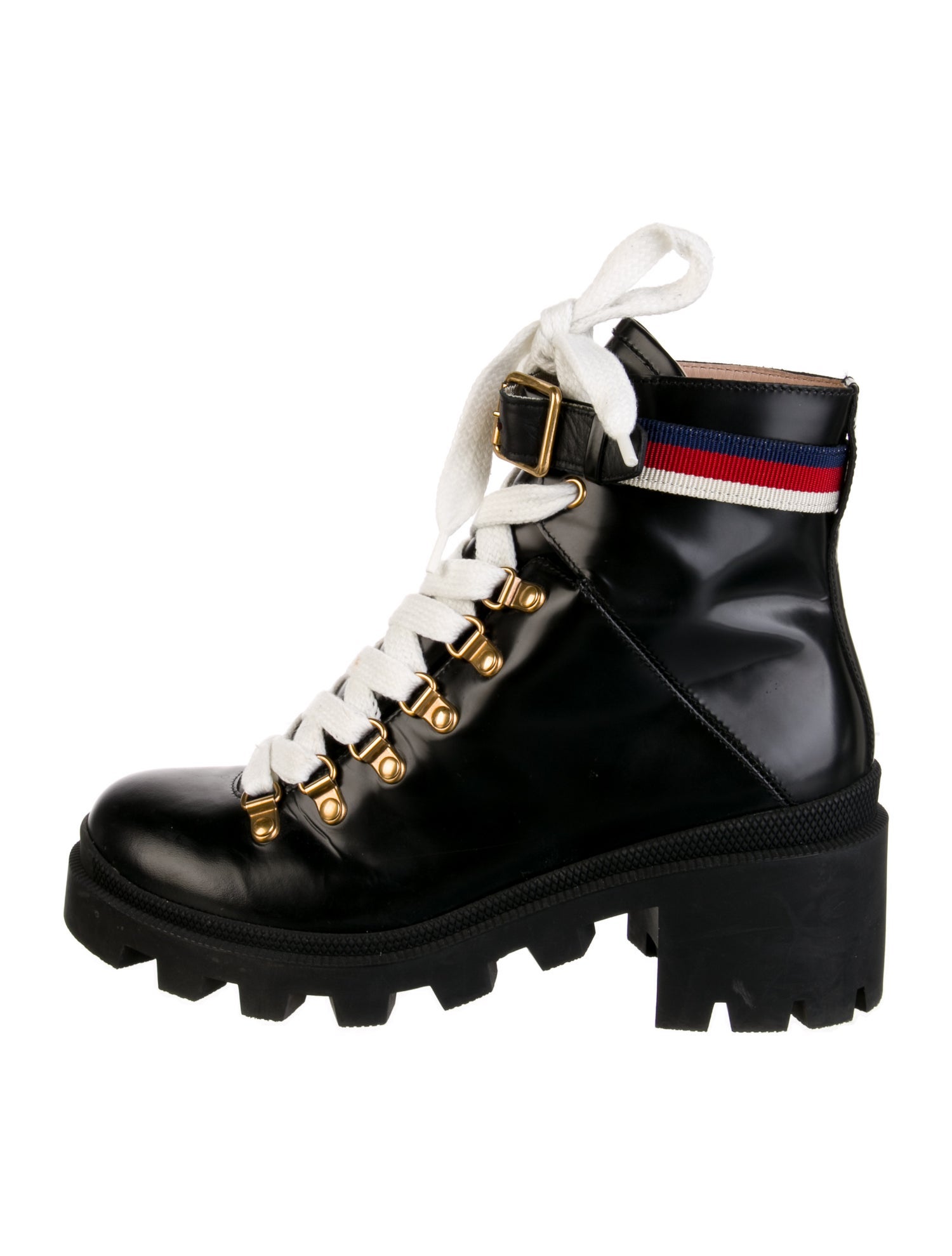 Gucci Sylvie Web Accent Patent Leather Combat Boots