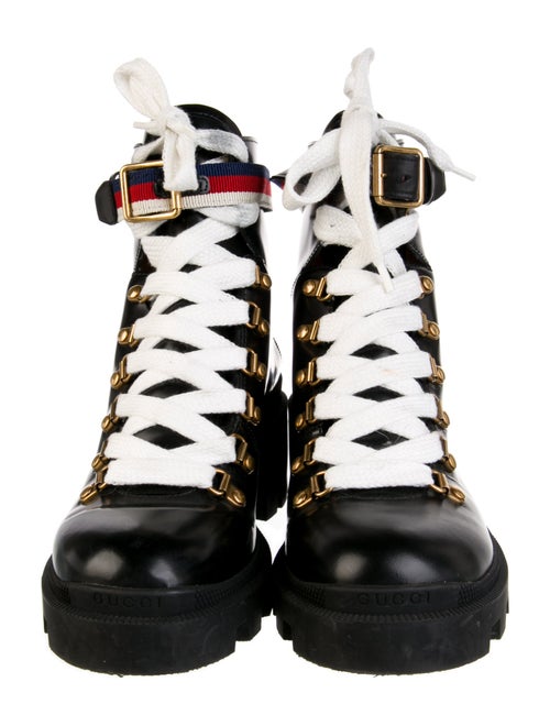 Gucci Sylvie Web Accent Patent Leather Combat Boots
