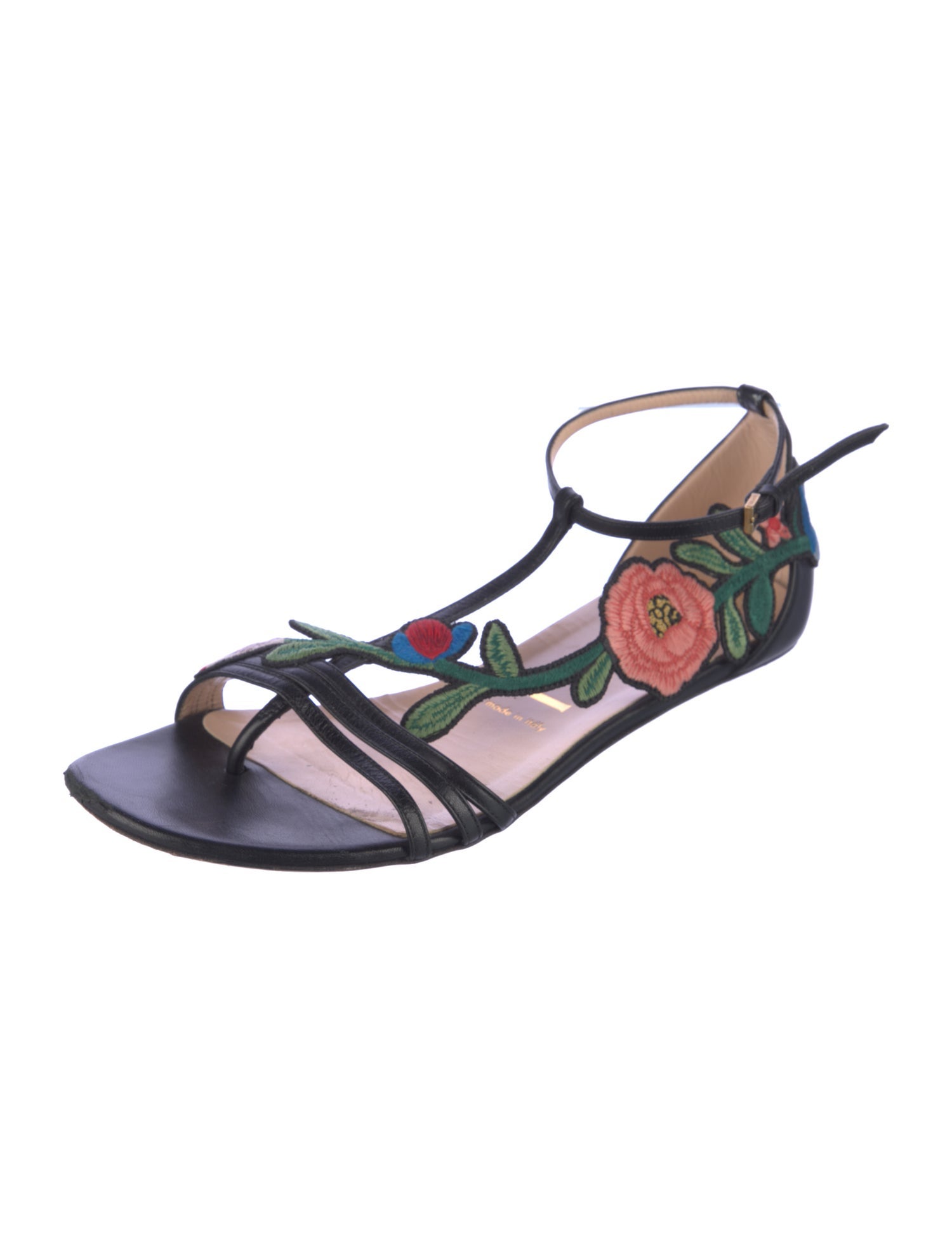 Gucci Leather Floral Print T-Strap Sandals