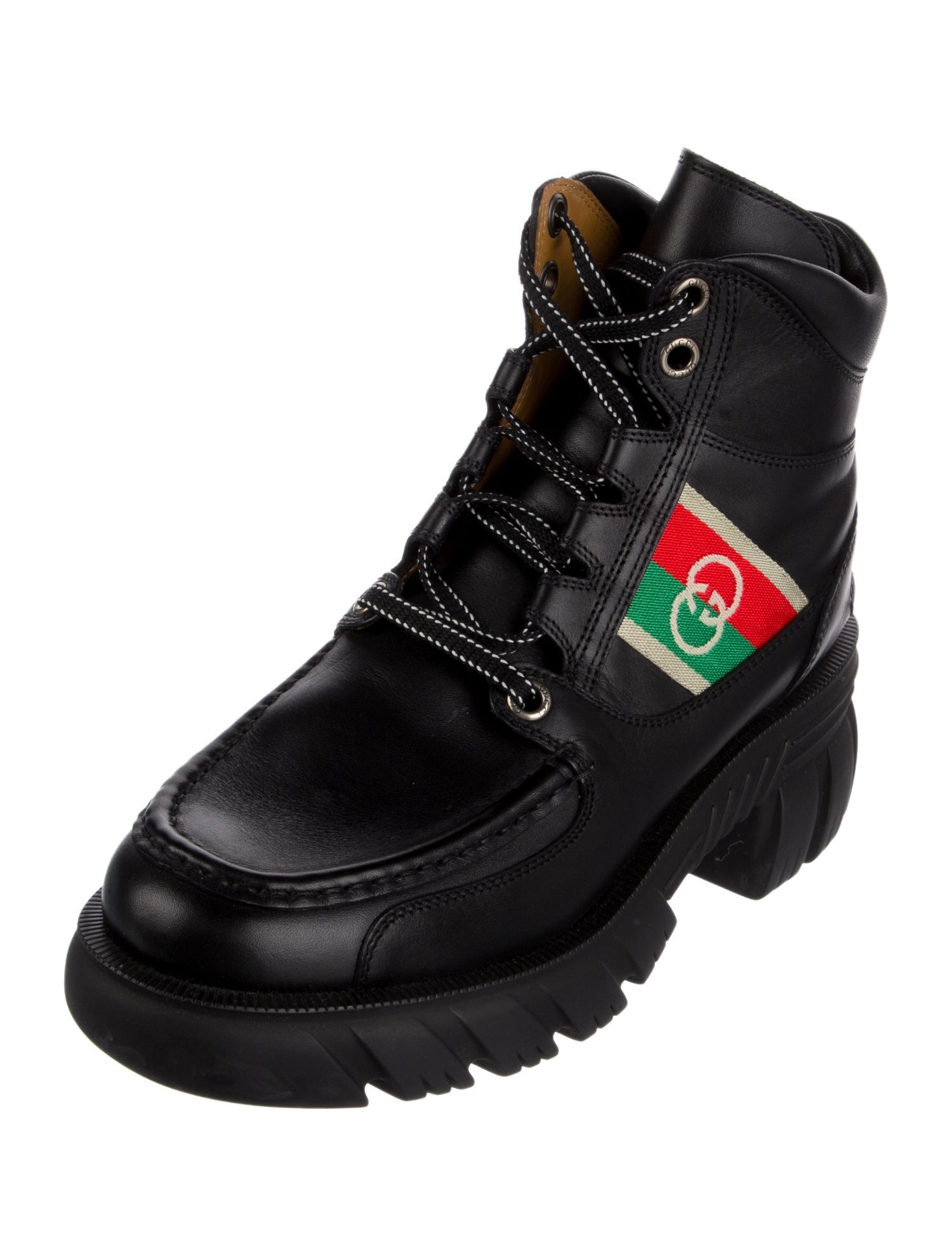 Gucci Web Accent Leather Combat Boots