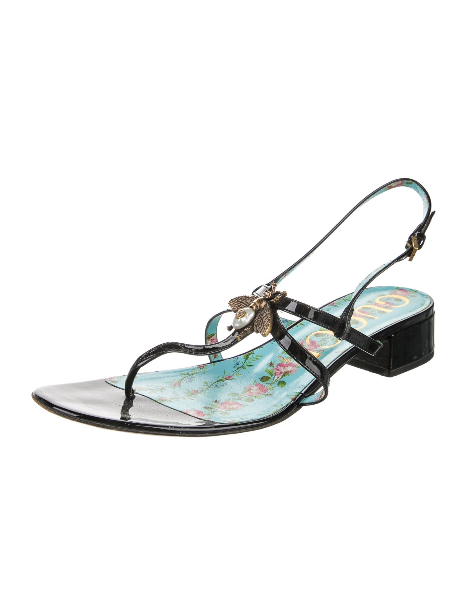 Gucci Interlocking G Logo Patent Leather T-Strap Sandals
