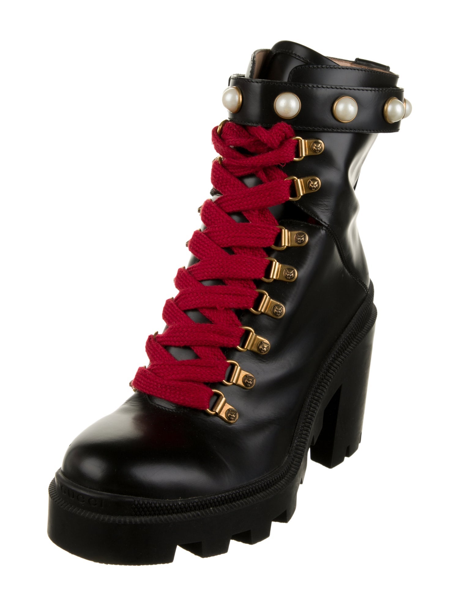Gucci Faux Pearl Accents Leather Combat Boots