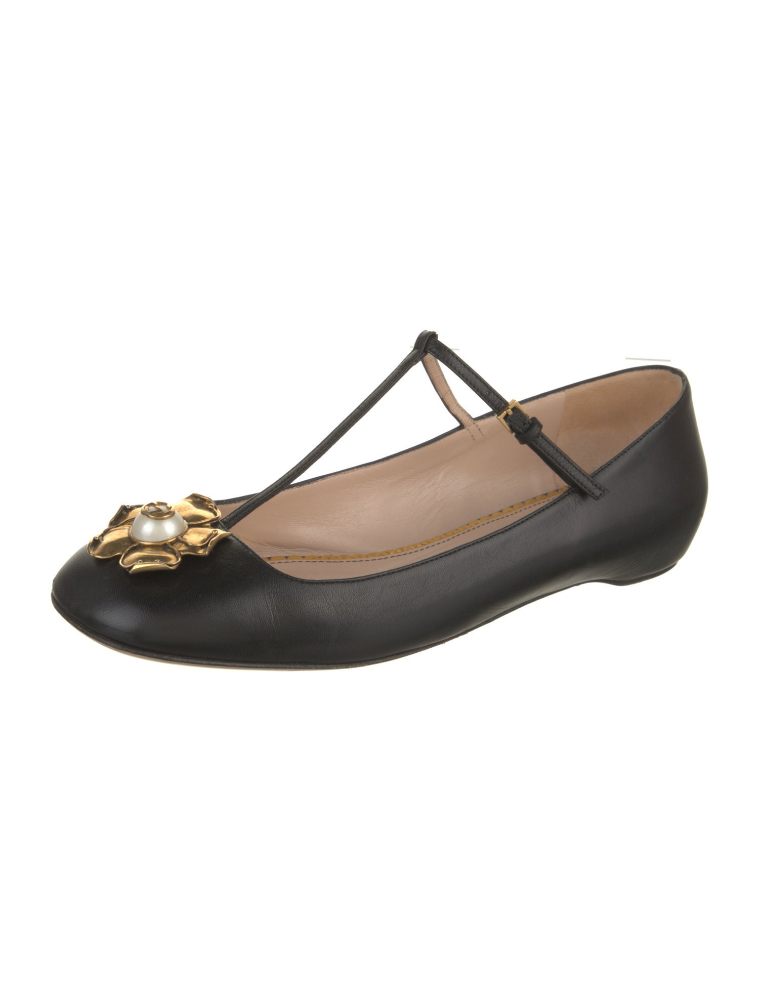 Gucci Faux Pearl Accents Leather Ballet Flats