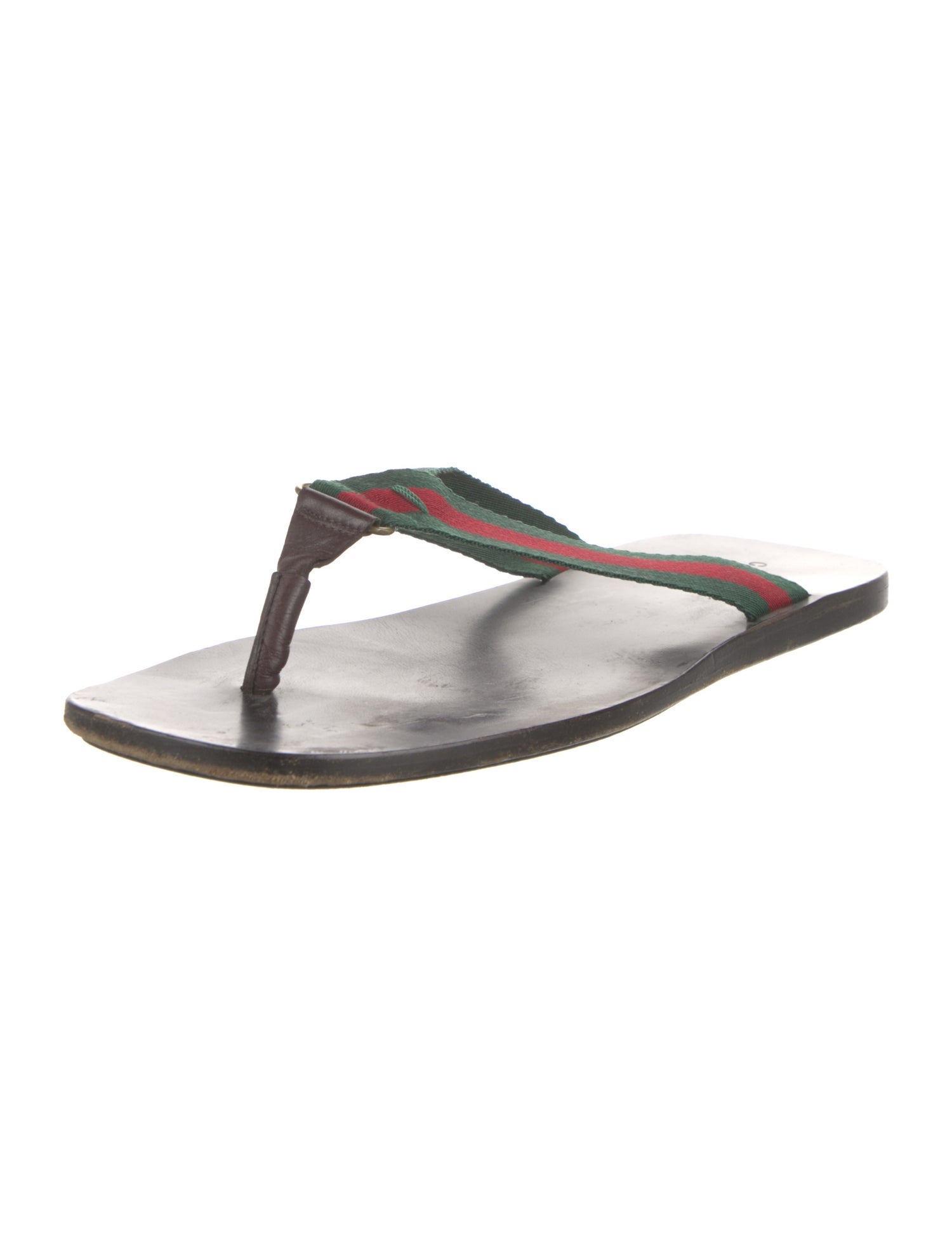 Gucci Sylvie Web Accent Leather Trim Embellishment Flip Flops