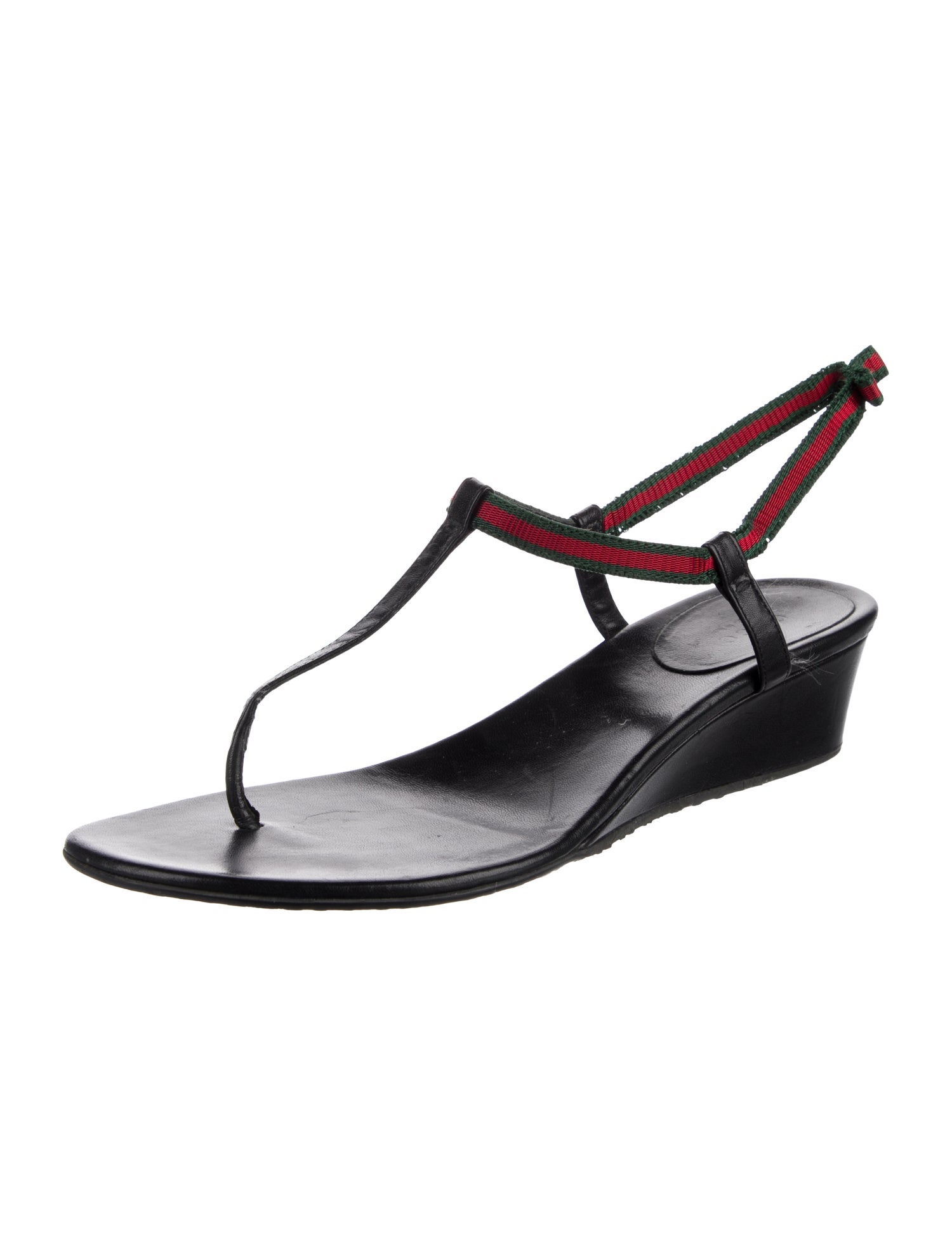 Gucci Web Accent Leather T-Strap Sandals