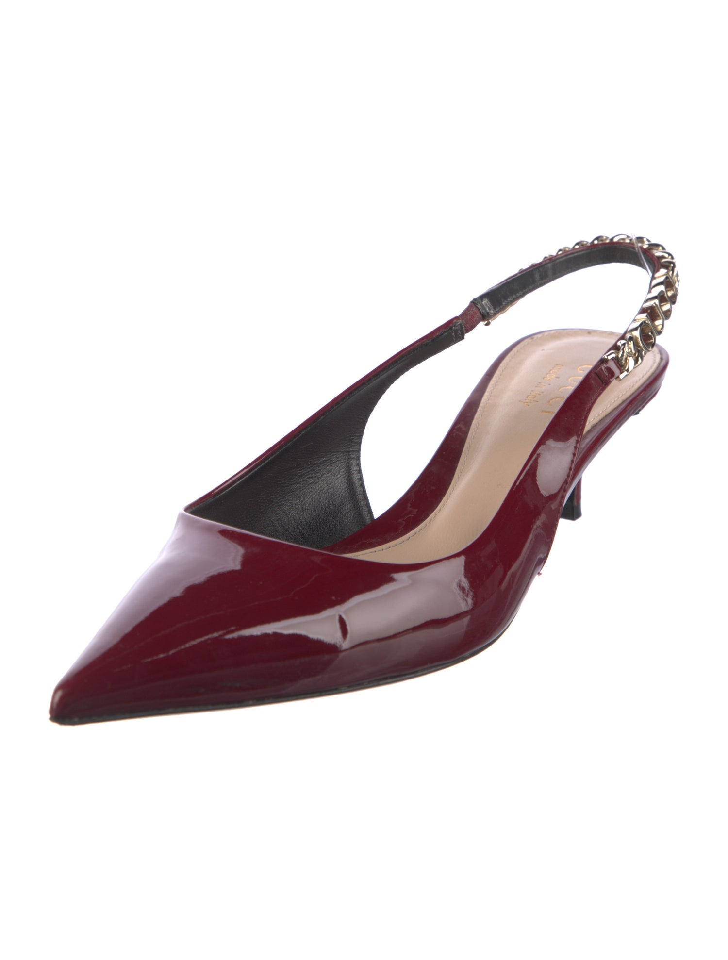 Gucci Patent Leather Chain-Link Accents Slingback Pumps