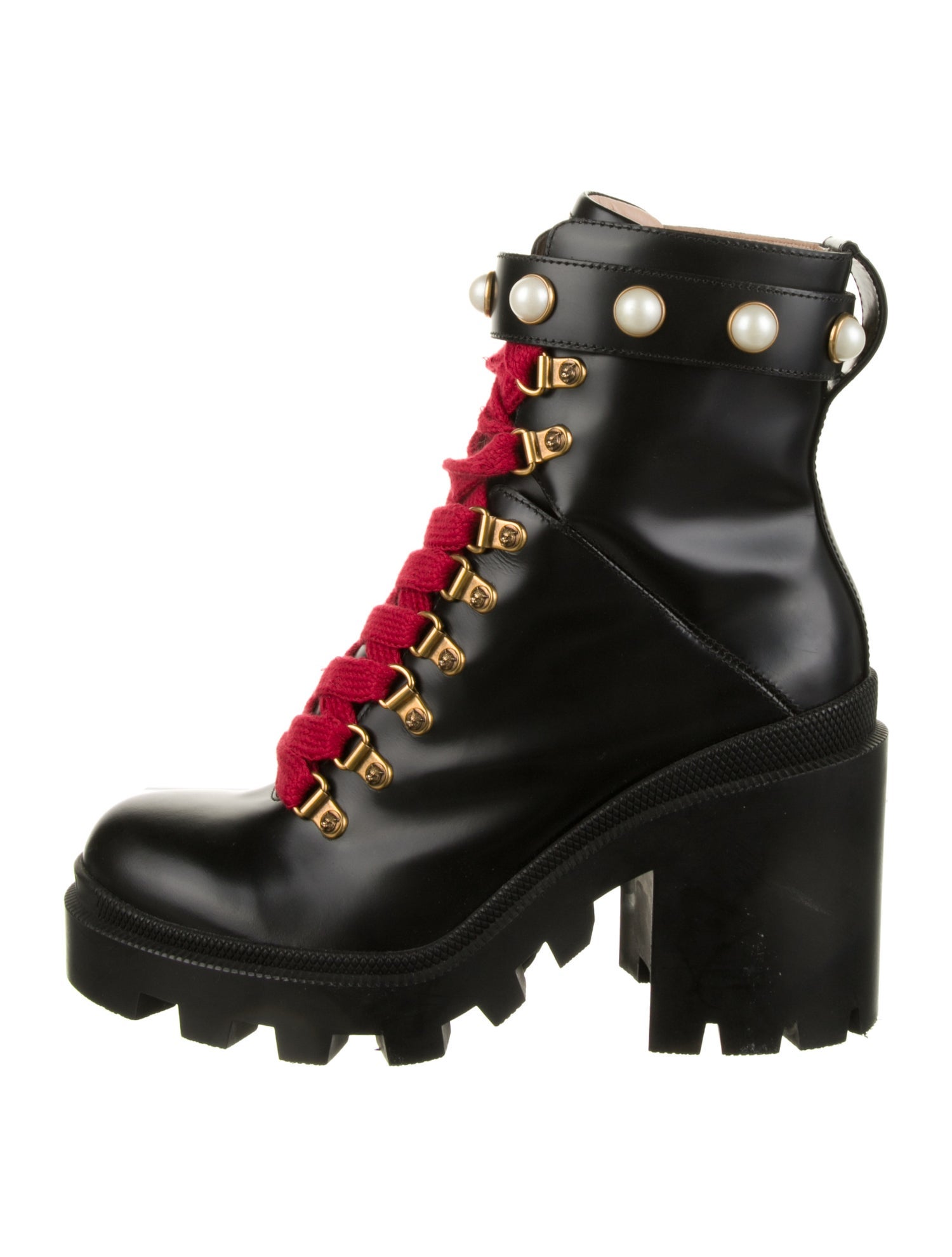 Gucci Faux Pearl Accents Leather Combat Boots