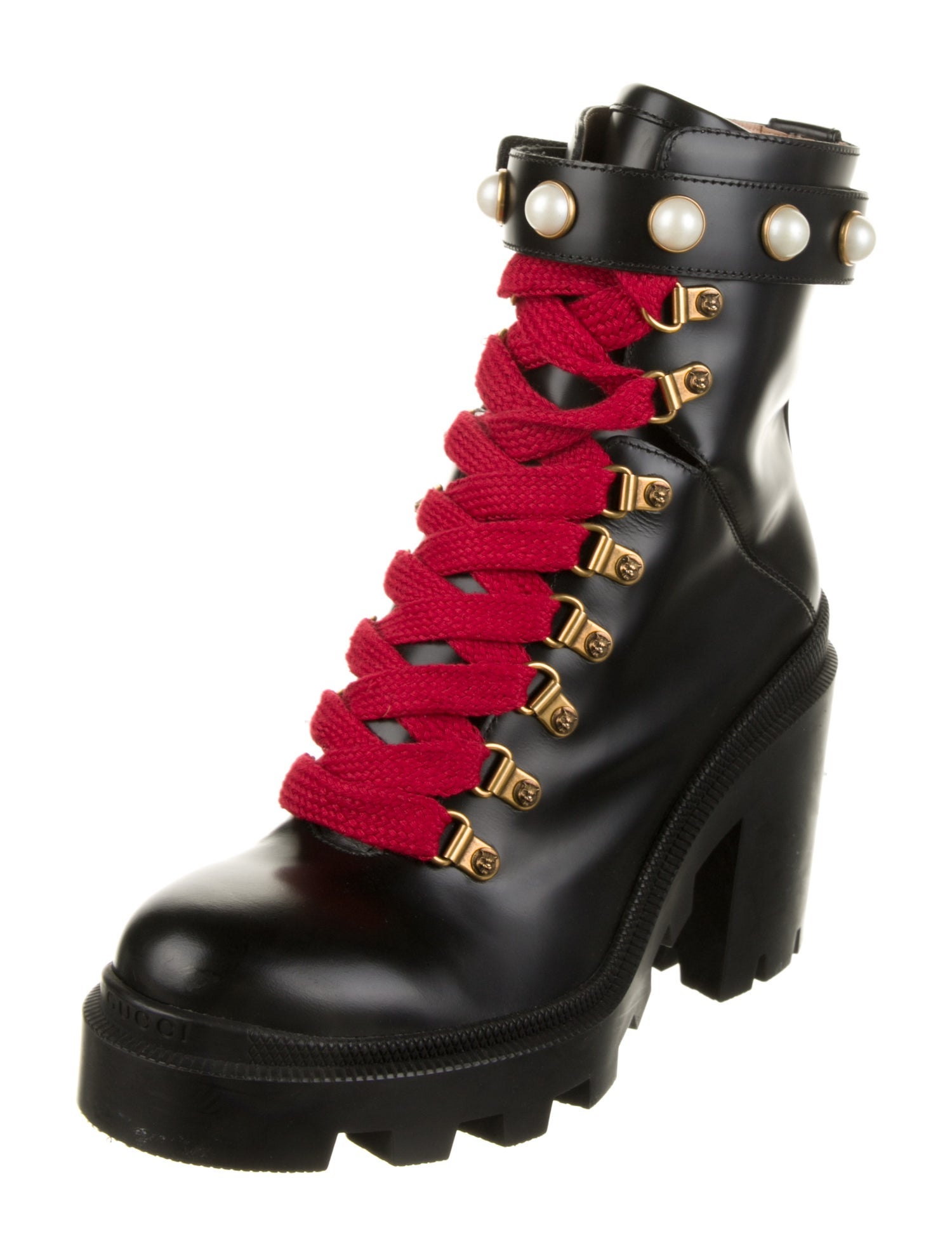 Gucci Faux Pearl Accents Leather Combat Boots