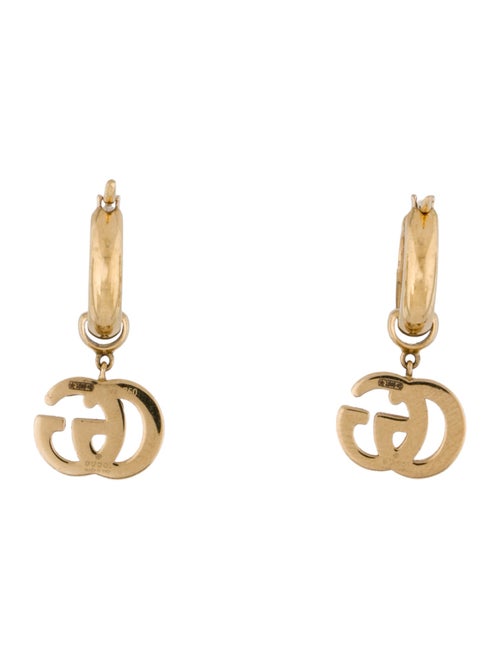 Gucci 18K Y Running GG Logo Huggie Drop Earrings