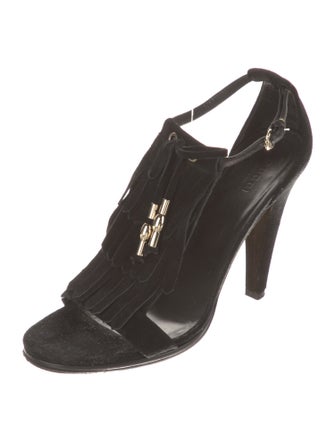 Gucci Suede Fringe Trim Accent T-Strap Sandals