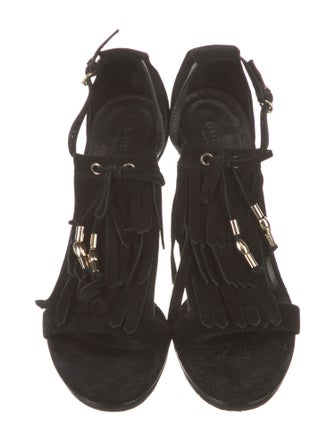 Gucci Suede Fringe Trim Accent T-Strap Sandals