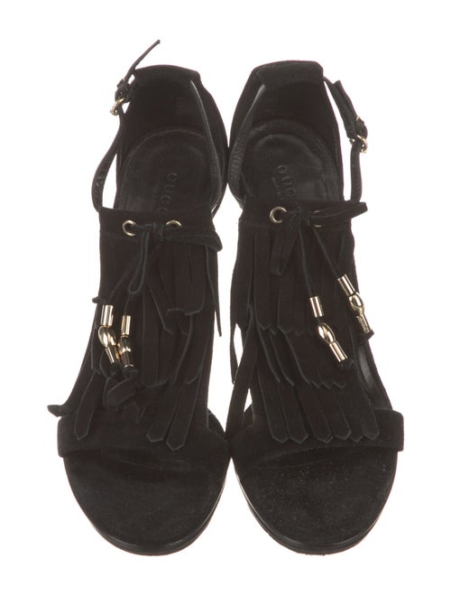 Gucci Suede Fringe Trim Accent T-Strap Sandals