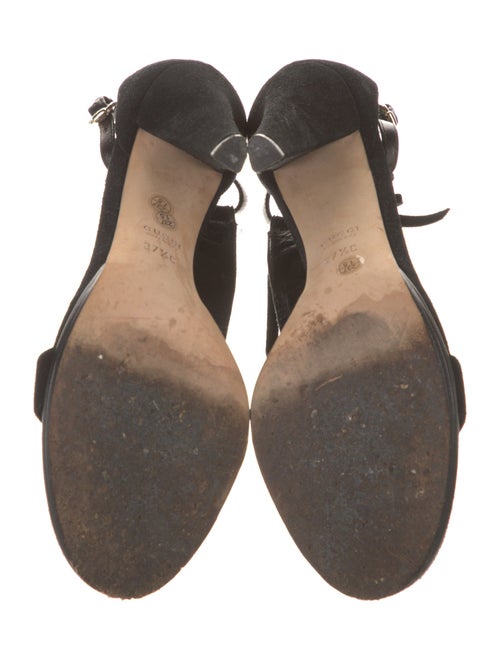 Gucci Suede Fringe Trim Accent T-Strap Sandals