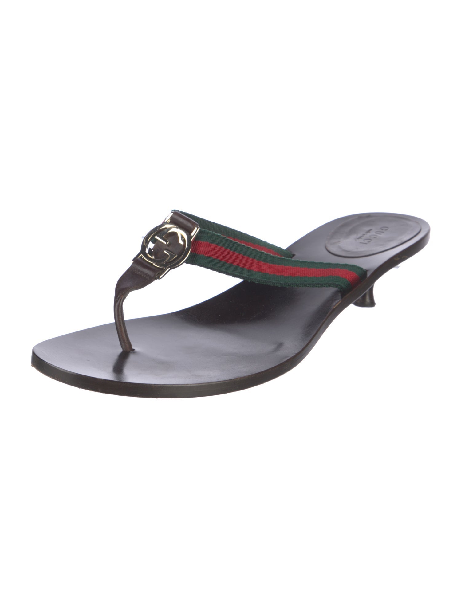 Gucci Web Accent Leather T-Strap Sandals
