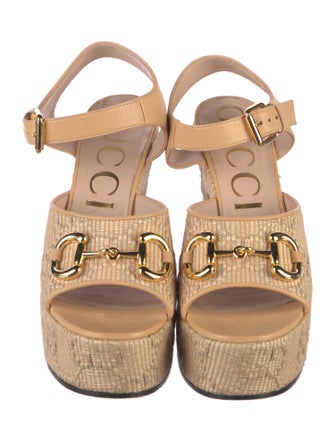 Gucci Horsebit Accent Raffia Sandals