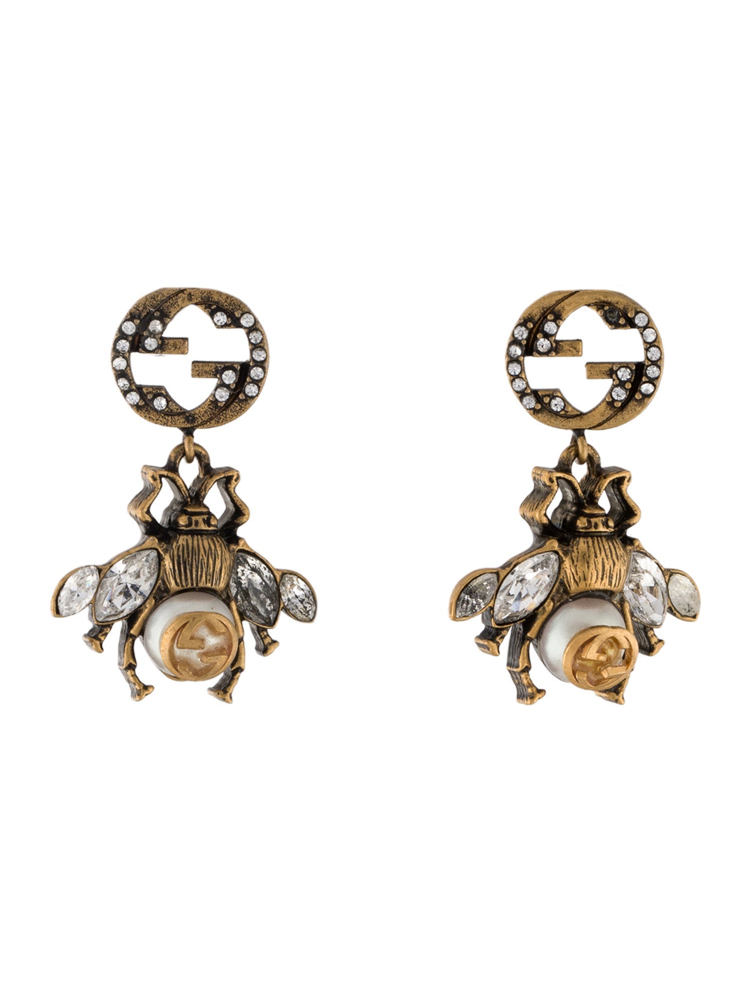 Gucci Faux Pearl & Crystal Interlocking G Bee Earrings