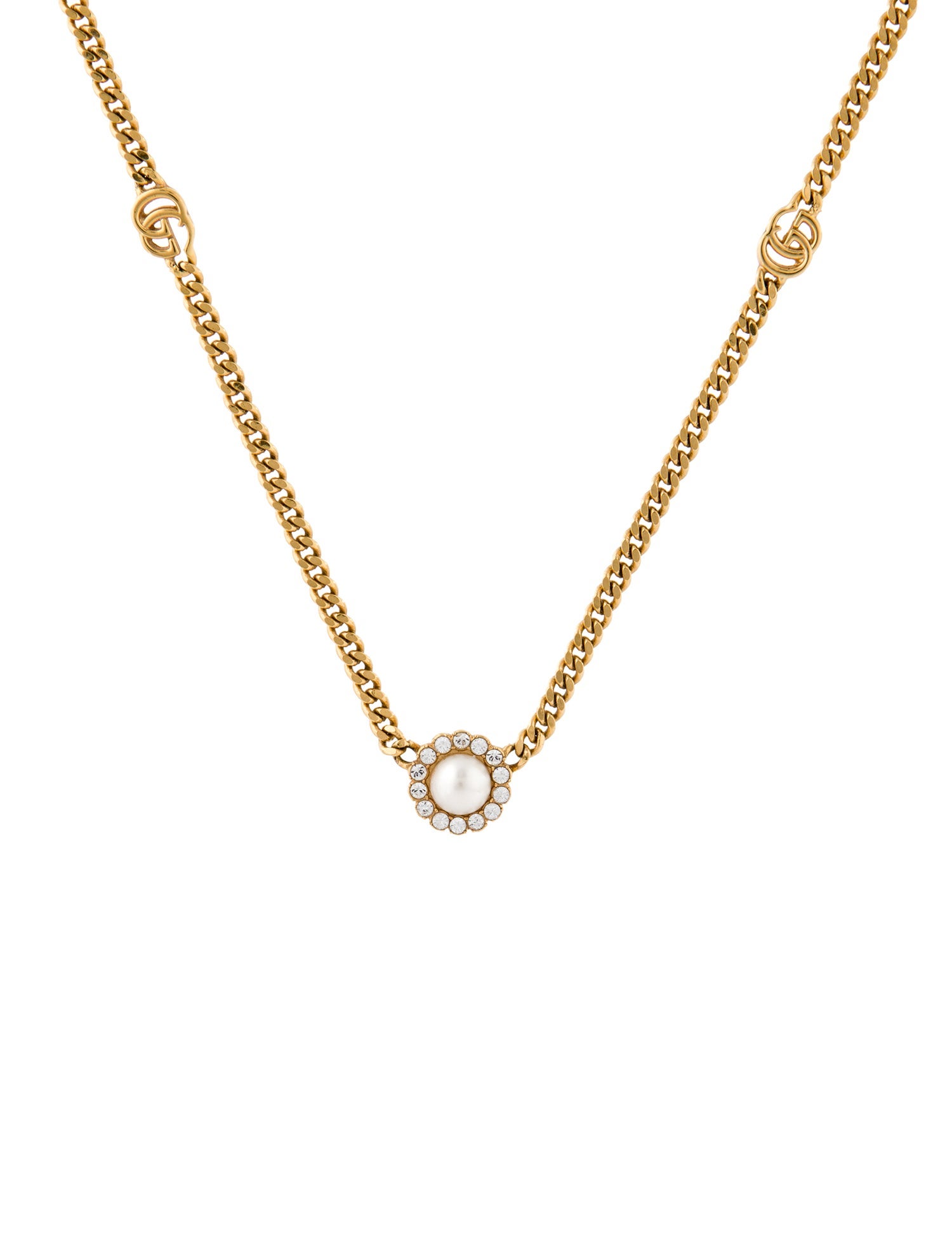 Gucci Faux Pearl & Crystal Marmont Double G Flower Pendant Necklace