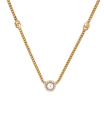 Gucci Faux Pearl & Crystal Marmont Double G Flower Pendant Necklace