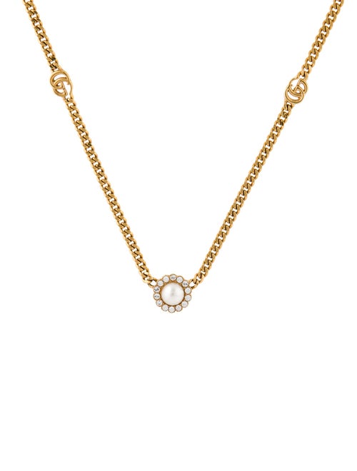 Gucci Faux Pearl & Crystal Marmont Double G Flower Pendant Necklace