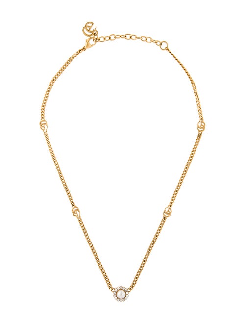 Gucci Faux Pearl & Crystal Marmont Double G Flower Pendant Necklace