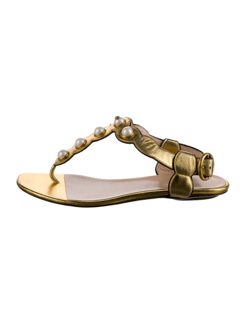 Gucci Faux Pearl Accents Leather T-Strap Sandals