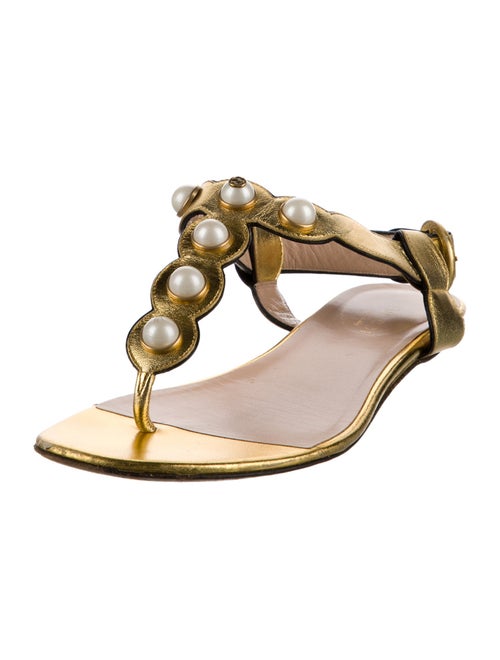 Gucci Faux Pearl Accents Leather T-Strap Sandals