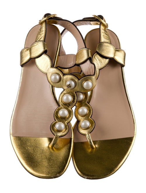 Gucci Faux Pearl Accents Leather T-Strap Sandals