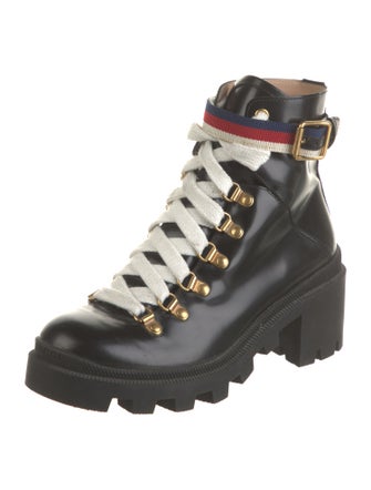 Gucci Sylvie Web Accent Leather Combat Boots