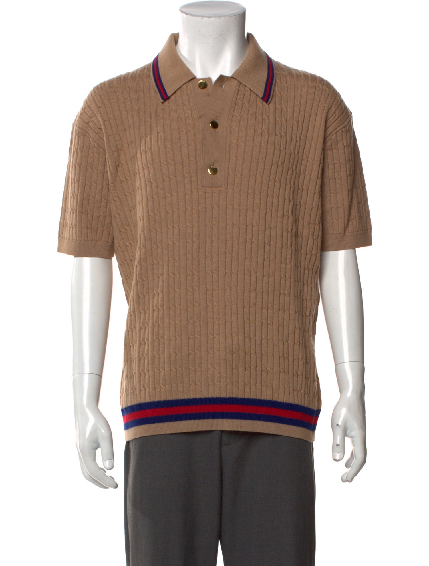 Gucci Sylvie Web Accent Cable Knit Polo Shirt