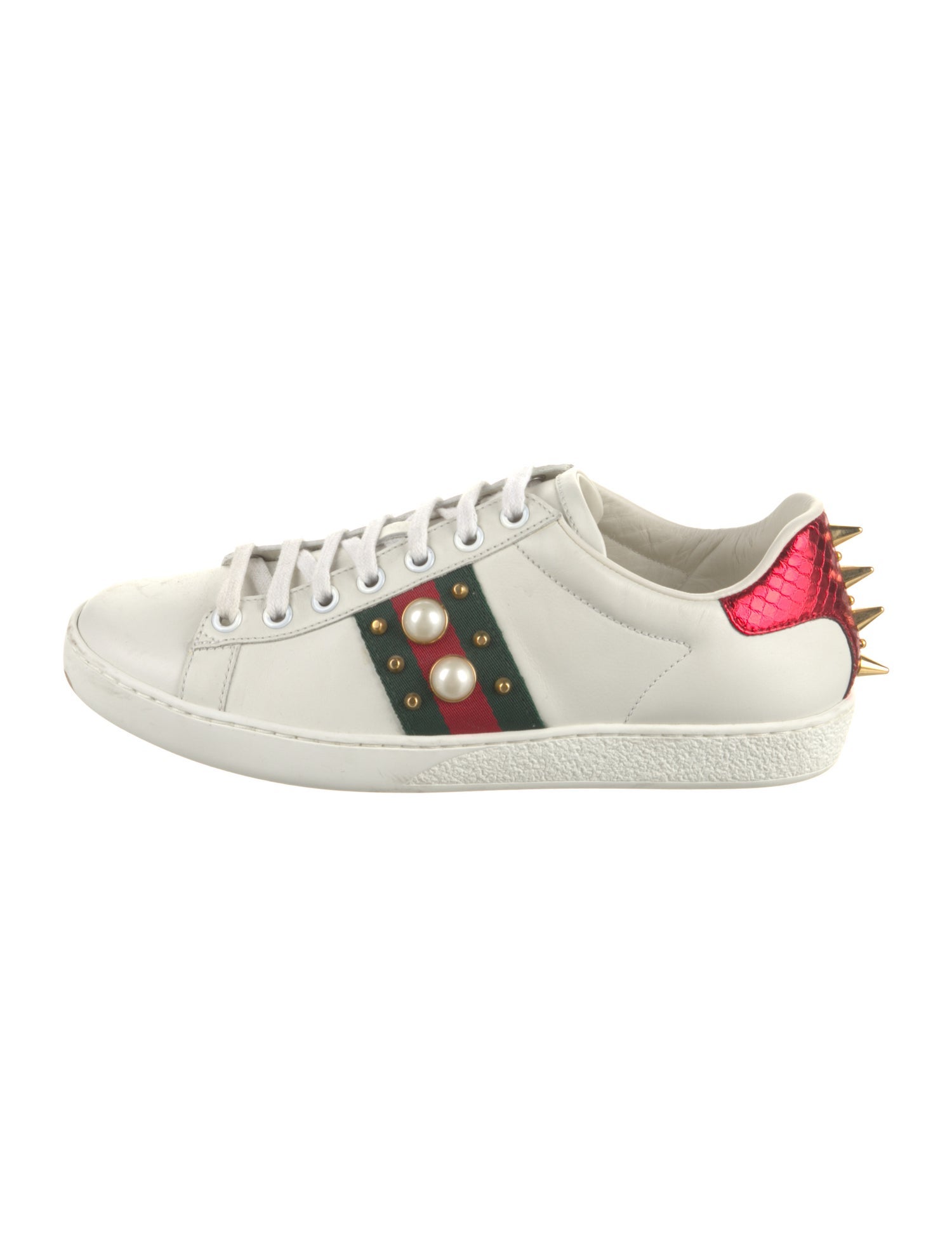 Gucci Faux Pearl Accents Leather Sneakers
