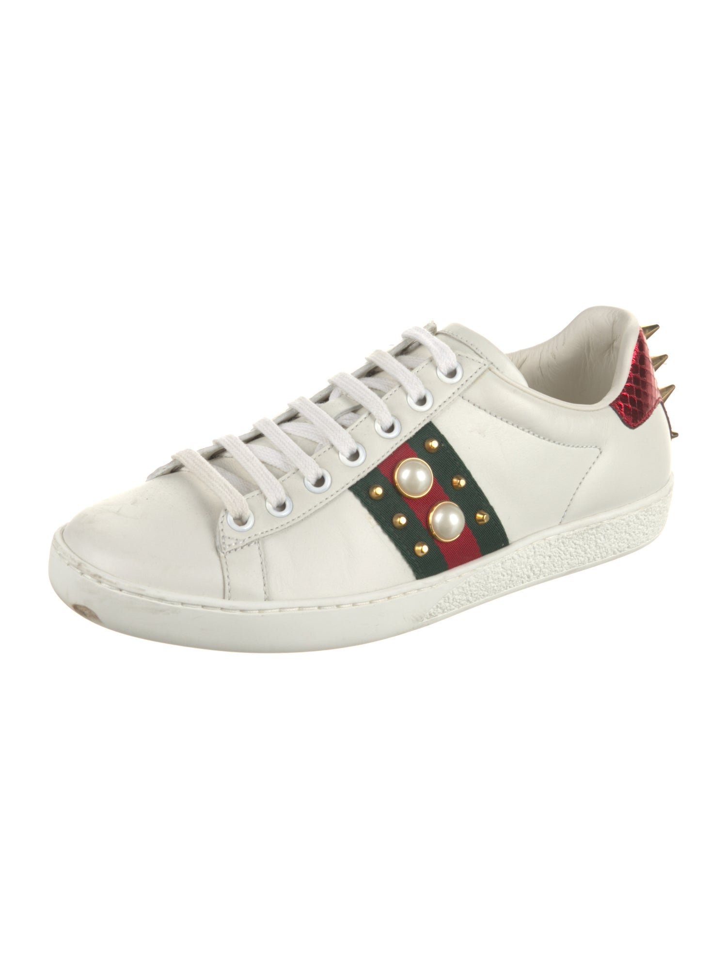 Gucci Faux Pearl Accents Leather Sneakers