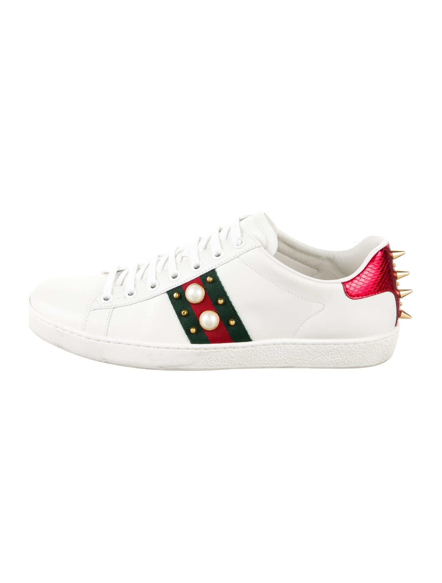 Gucci Faux Pearl Accents Leather Sneakers