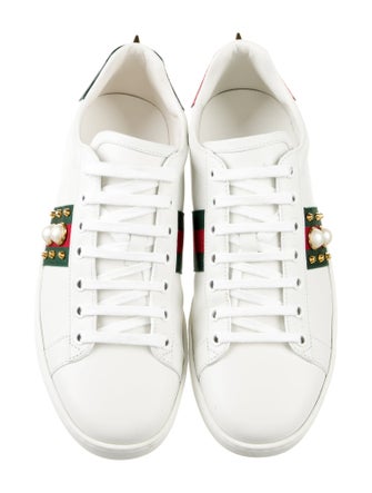 Gucci Faux Pearl Accents Leather Sneakers
