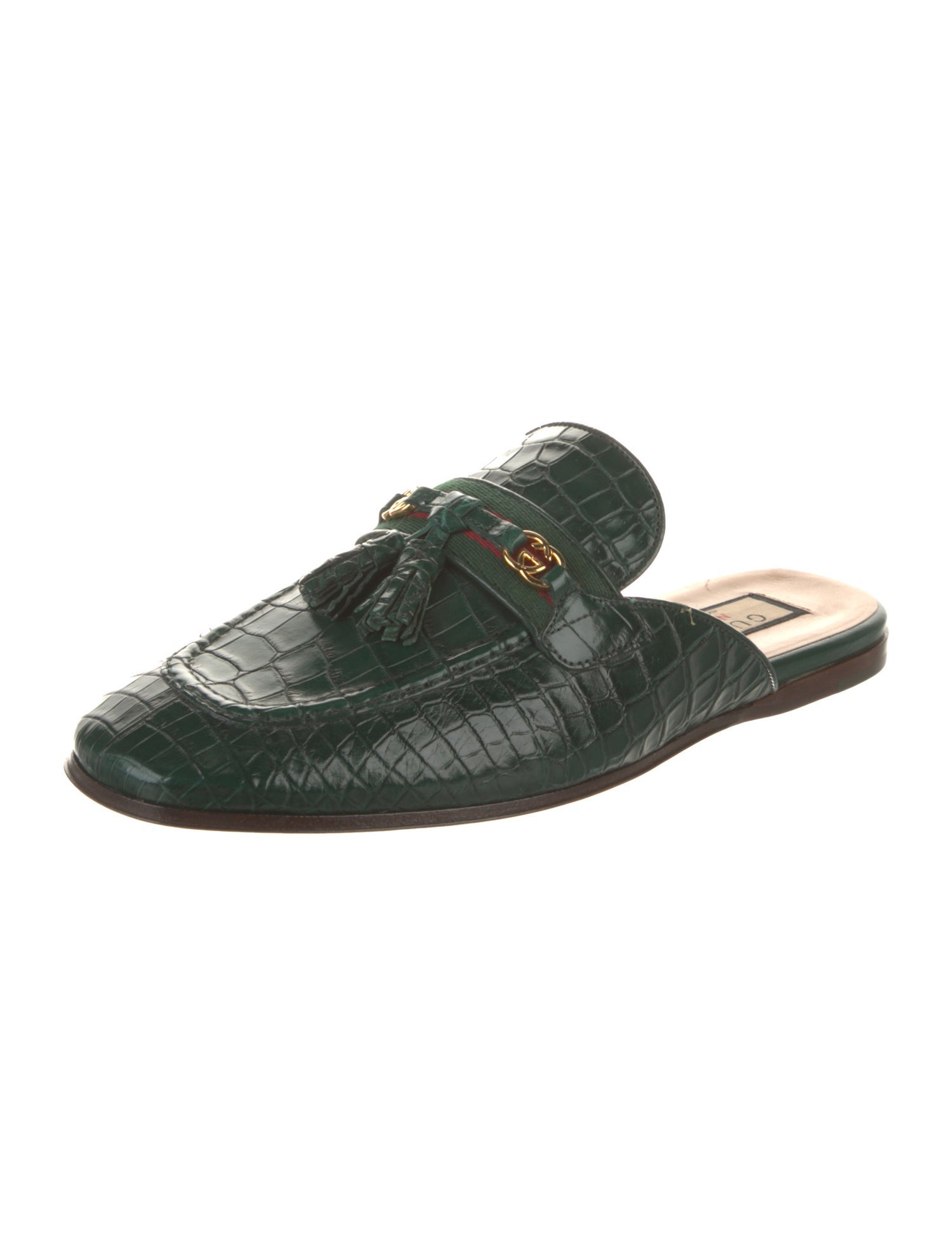 Gucci Web Accent Embossed Leather Slippers