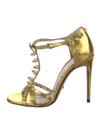 Gucci Faux Pearl Accents Leather T-Strap Sandals