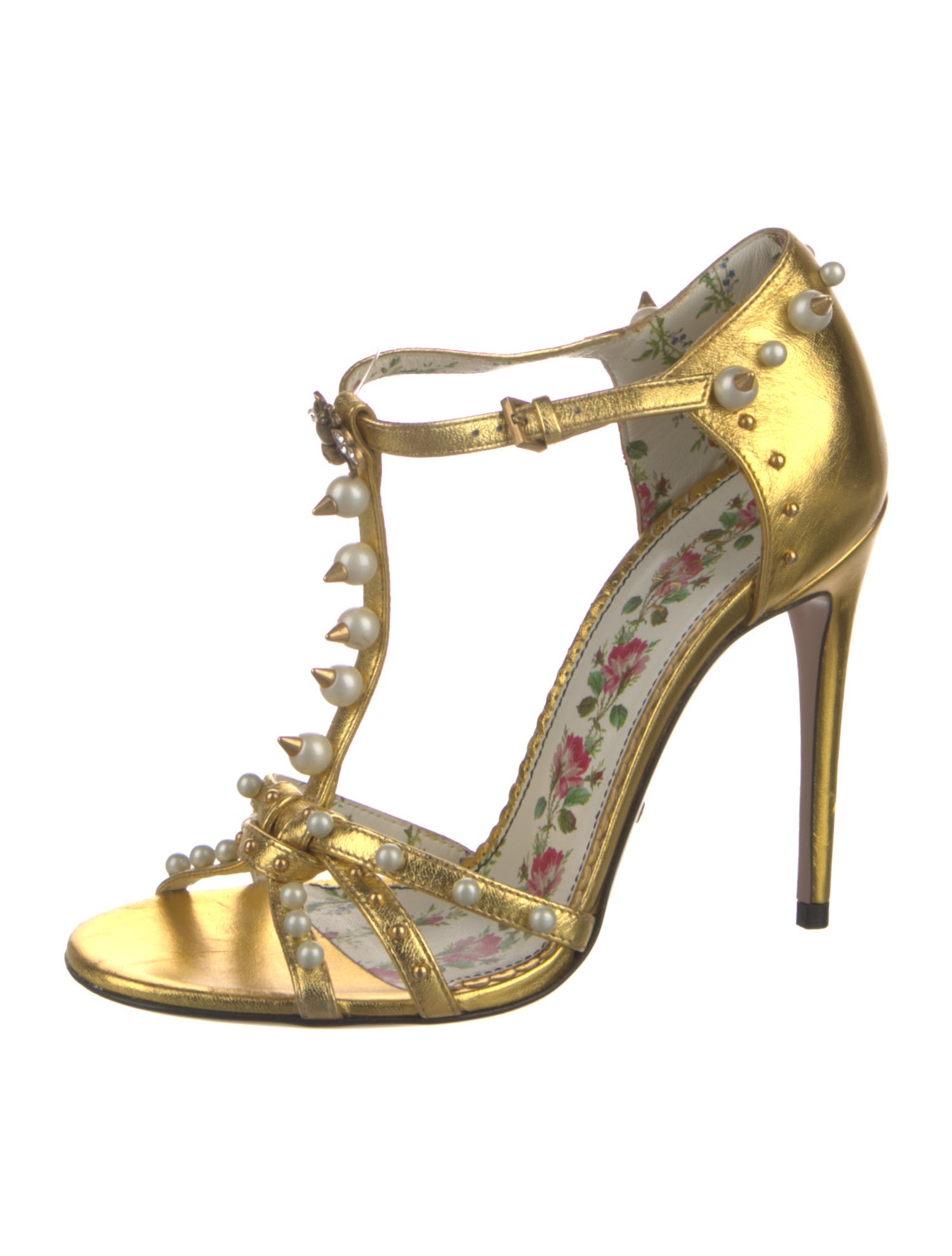 Gucci Faux Pearl Accents Leather T-Strap Sandals