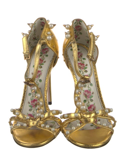 Gucci Faux Pearl Accents Leather T-Strap Sandals