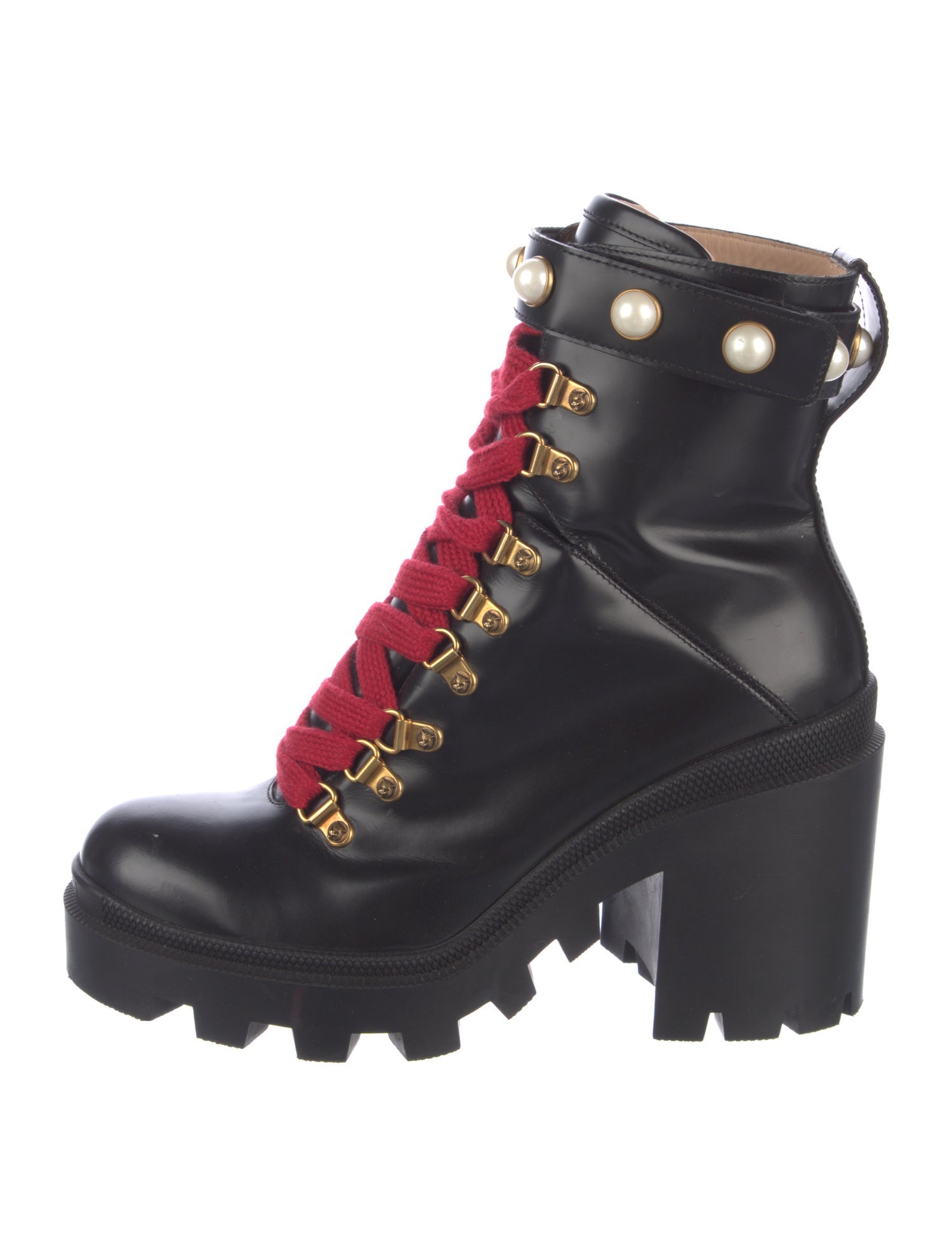 Gucci Faux Pearl Accents Leather Combat Boots
