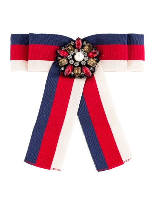 Gucci Faux Pearl, Crystal, & Grosgrain Ribbon Bow Brooch